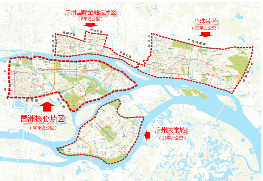 廣州人工智能與數(shù)字經(jīng)濟(jì)試驗區(qū)由琶洲核心片區(qū)（含廣州大學(xué)城）、廣州國際金融城片區(qū)和魚珠片區(qū)構(gòu)建起“一江兩岸三片區(qū)”空間格局，總面積約81平方公里。每個片區(qū)都有各自不同的發(fā)展側(cè)重點，取得了不同的發(fā)展成效。圖為試驗區(qū)示意圖。