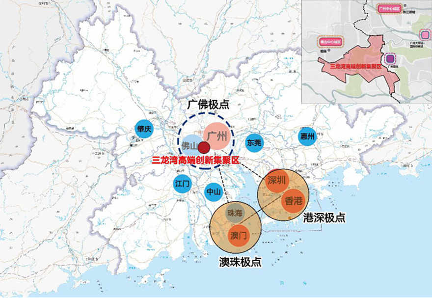 2021年2月，廣東省推進(jìn)粵港澳大灣區(qū)建設(shè)領(lǐng)導(dǎo)小組正式印發(fā)了《佛山三龍灣高端創(chuàng)新集聚區(qū)發(fā)展總體規(guī)劃(2020—2035年）》。三龍灣將打造成廣東省推進(jìn)粵港澳大灣區(qū)建設(shè)的重要發(fā)展平臺(tái)和珠江西岸創(chuàng)新極核，建設(shè)成為面向全球的先進(jìn)制造業(yè)創(chuàng)新高地、珠江西岸開放合作標(biāo)桿、廣佛融合發(fā)展引領(lǐng)區(qū)和高品質(zhì)嶺南水鄉(xiāng)之城。圖為三龍灣區(qū)位示意。