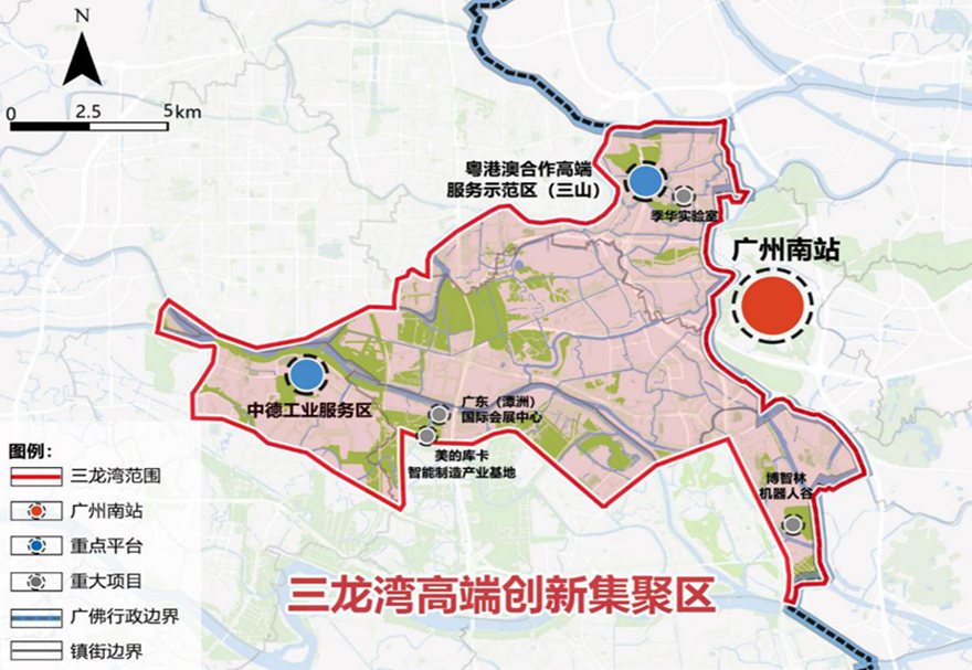總體規(guī)劃提出，三龍灣是佛山立足粵港澳大灣區(qū)的門戶樞紐，已逐漸顯現(xiàn)出創(chuàng)新要素集聚、產(chǎn)城融合發(fā)展的態(tài)勢(shì)，具備高起點(diǎn)規(guī)劃、高標(biāo)準(zhǔn)建設(shè)的基礎(chǔ)條件。圖為三龍灣規(guī)劃范圍。