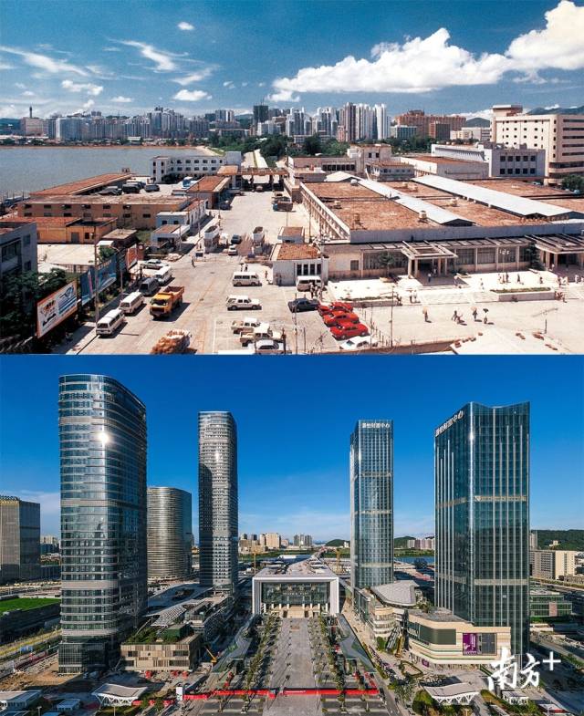 上圖：上世紀(jì)80年代的拱北口岸原聯(lián)檢樓；下圖：2020年，珠海橫琴口岸新大樓拔地而起并投入使用