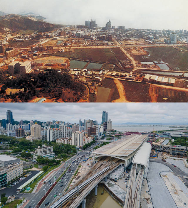上圖：1984年正在建設(shè)中的拱北區(qū)。洪漢波 攝；下圖：2020年，城軌正在駛出拱北珠海站