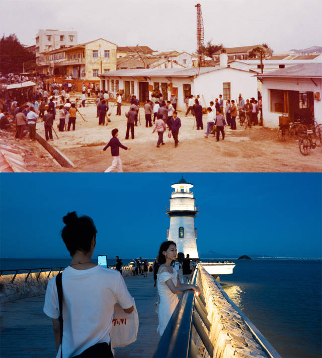 上圖：1981年，香洲城區(qū)舊貌；下圖：2020年，香洲情侶路邊的愛情燈塔，成為市民游客游玩的熱門景點(diǎn)