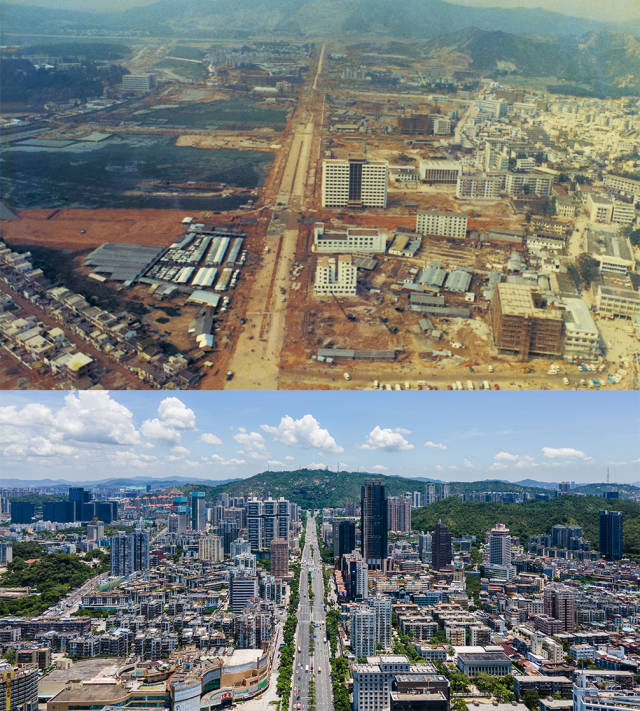 上圖：1984年，動(dòng)工建設(shè)的拱北迎賓大道；下圖：2020年，北望板樟山，沿著迎賓大道發(fā)展的珠海市區(qū)