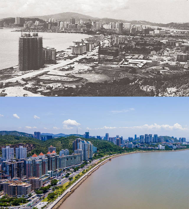 上圖：1984年拱北海邊一帶。李小崢 攝；下圖：2020年，拱北沿海