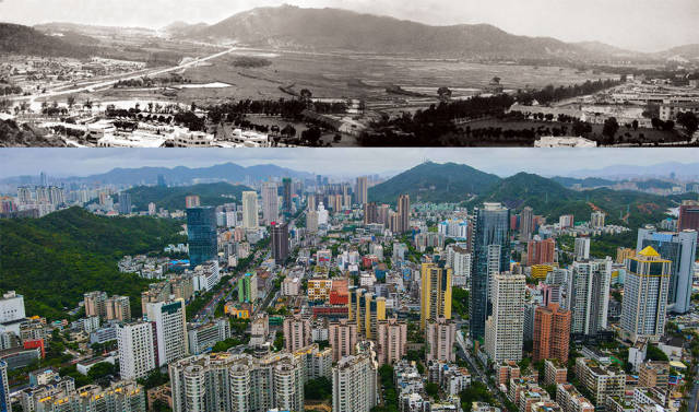 上圖：1983年，吉大舊貌?？讘c憲 攝；下圖：2020年，珠海香洲區(qū)吉大商業(yè)圈，曾經(jīng)的平房如今高樓林立