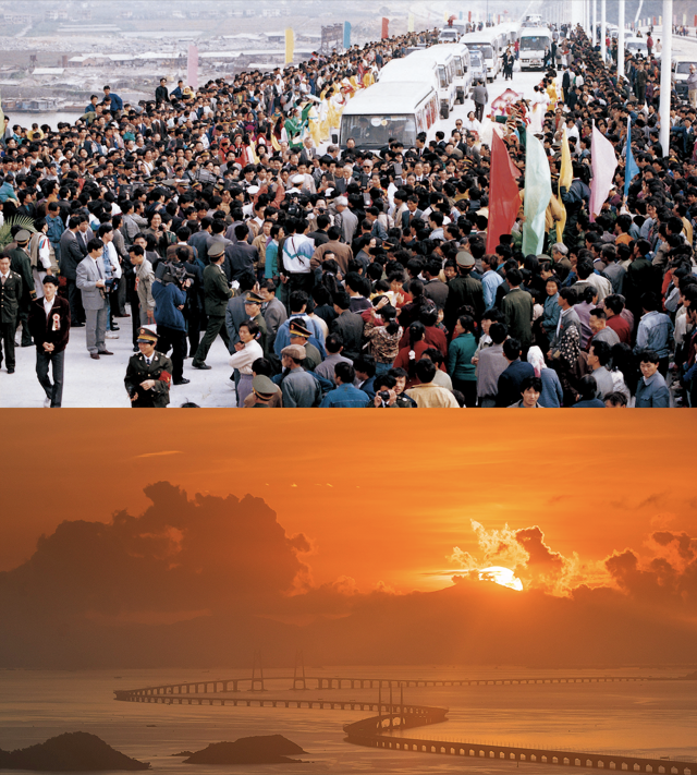 上圖：1993年11月，珠海大橋通車；下圖：2020年，港珠澳大橋日出。港珠澳大橋的建成使得粵港澳三地聯(lián)系更加緊密