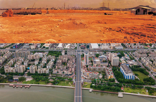 上圖：1988年，拱北夏灣正在平整土地；下圖：2020年，珠海市夏灣
