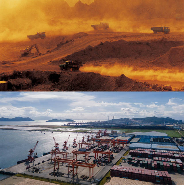 上圖：1990年，珠海港在建設(shè)中；下圖：2020年，珠海市高欄港經(jīng)濟(jì)區(qū)承載著特區(qū)貨運(yùn)樞紐的重?fù)?dān)