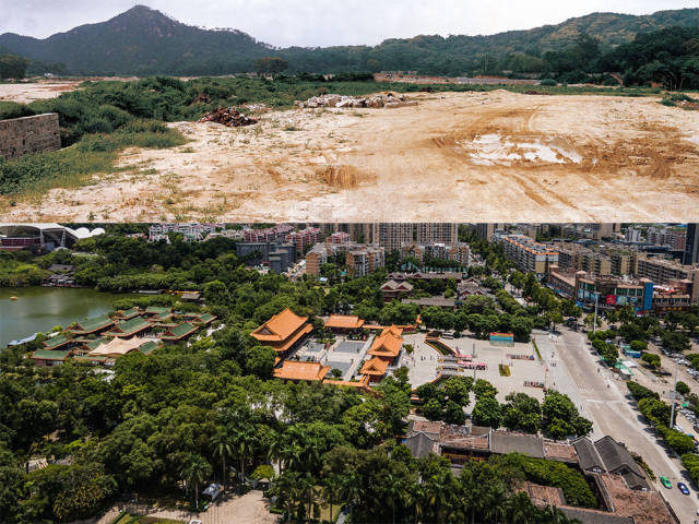 上圖：1991年，圓明新園原址；下圖：2020年，香洲區(qū)圓明新園如今被一棟棟嶄新的現(xiàn)代樓房包圍