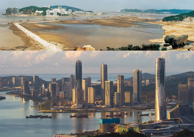 上圖：1992年，橫琴島十字門圍海造地；下圖：2020年，珠海橫琴新區(qū)的建設(shè)正如火如荼進(jìn)行中