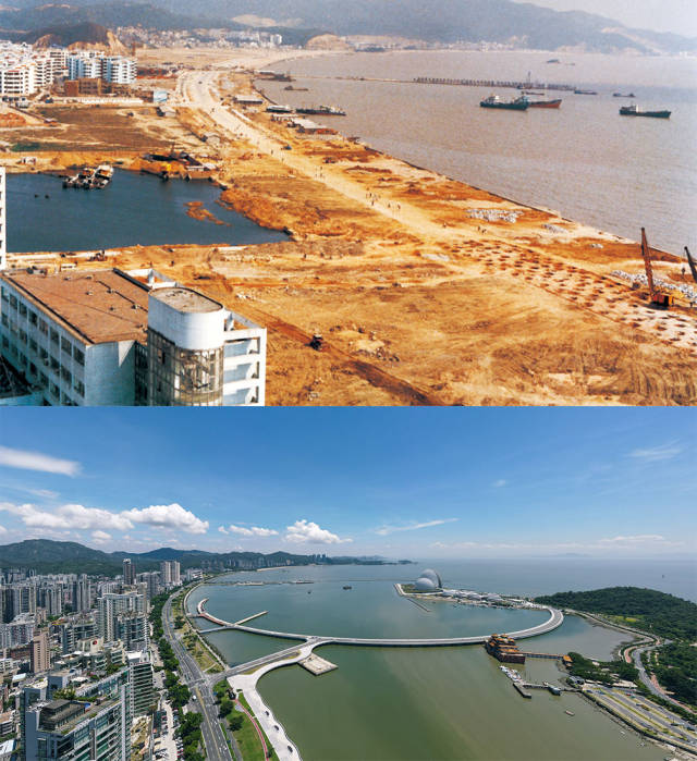 上圖：1991年，香洲灣情侶中路在建設(shè)中；下圖：2020年，香洲灣情侶路今景。外海處的日月貝大劇院成為珠海的新地標(biāo)
