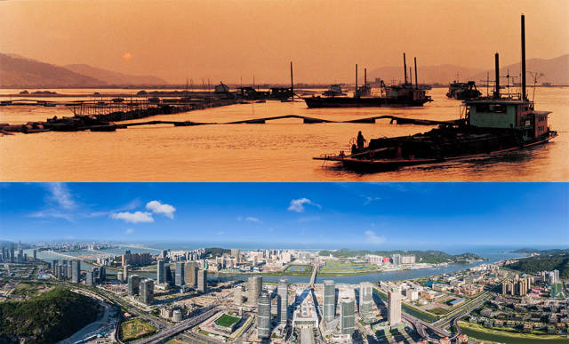 上圖：1992年，橫琴島經(jīng)過科學(xué)論證與規(guī)劃，開始大規(guī)模圍海造地；下圖：2020年，珠海橫琴新區(qū)全貌