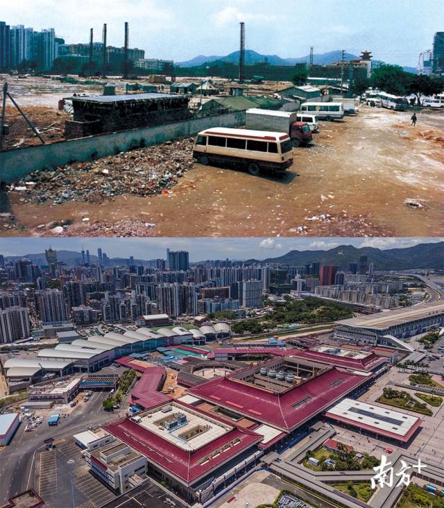 上圖： 1991年拱北口岸廣場(chǎng)原貌；下圖：2020年，拱北口岸仍是兩地交流的大門