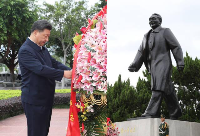 10月14日下午，習(xí)近平來到蓮花山公園，向鄧小平同志銅像敬獻(xiàn)花籃。新華社記者 王曄 攝