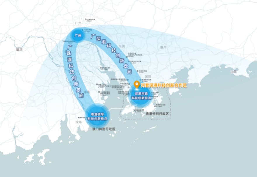 河套合作區(qū)地處大灣區(qū)科技創(chuàng)新資源集聚的地帶，有力支撐廣深港科技創(chuàng)新走廊建設，有利于融合香港原始創(chuàng)新和珠三角地區(qū)高新技術產業(yè)優(yōu)勢，全方位匯聚創(chuàng)新資源。圖為兩點兩廊（即廣深港、廣珠澳科創(chuàng)走廊和深圳河套、珠海橫琴創(chuàng)新極點）示意圖。