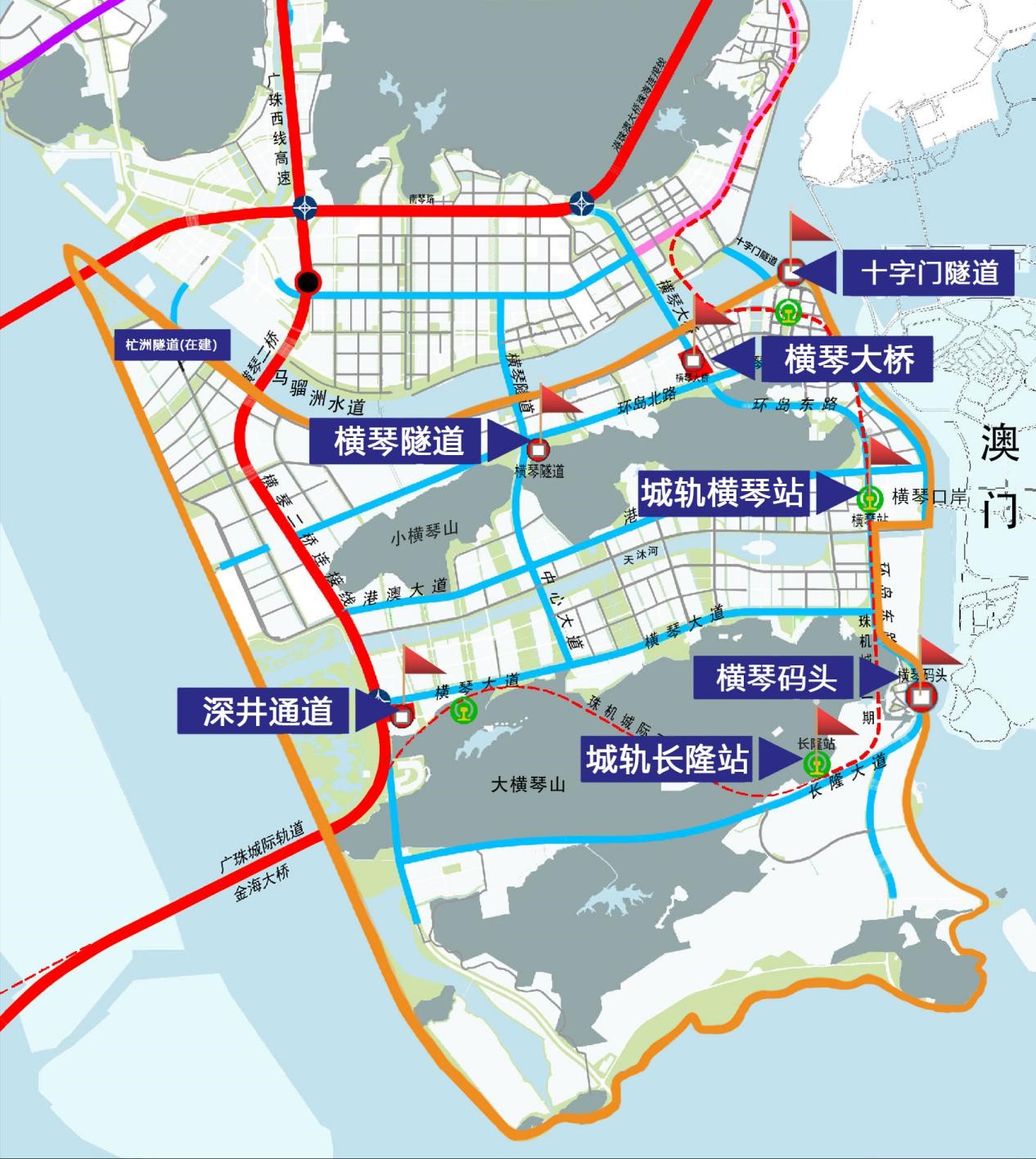　　橫琴粵澳深度合作區(qū)“一線”“二線”示意圖。其中，“一線”主要是橫琴口岸；“二線”通道主要包括橫琴大橋、橫琴隧道、深井通道、橫琴碼頭、廣珠城軌延長線橫琴站及長隆站、十字門隧道（臨時出島）。橫琴粵澳深度合作區(qū)執(zhí)委會供圖。