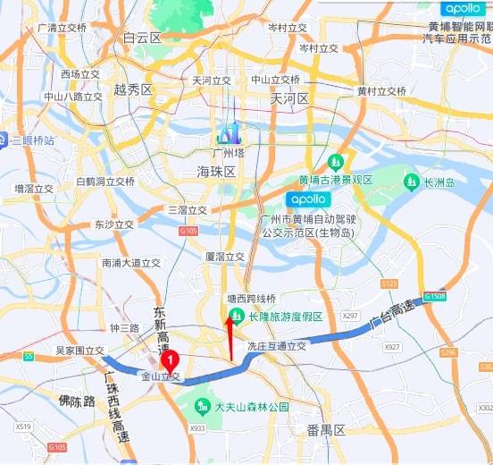 藍(lán)色曲線為廣臺高速，紅色箭頭為廣臺高速以北番禺地區(qū)。