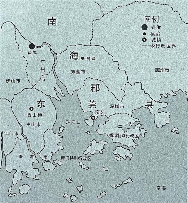 唐代東莞縣轄區(qū)圖。來源：《深圳古代史》，陳海濱 著，深圳報(bào)業(yè)集團(tuán)出版社2015年1月第一版。