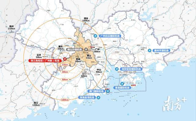 機(jī)場(chǎng)在粵港澳大灣區(qū)的位置。