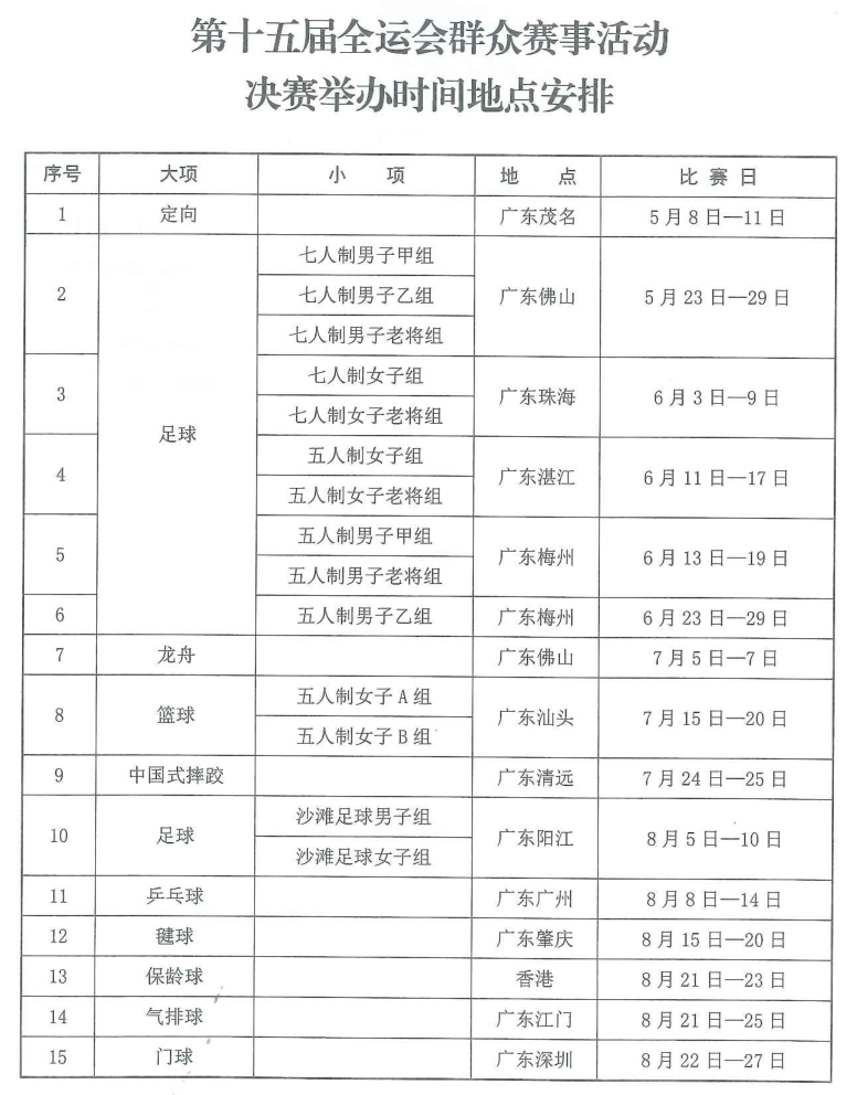 十五運會群眾體育賽事活動預決賽時間地點發(fā)布