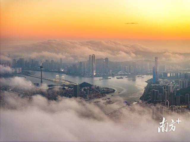 日落時(shí)分，俯瞰云海下的澳門與橫琴金融島。南方+拍客 陳爍明 攝