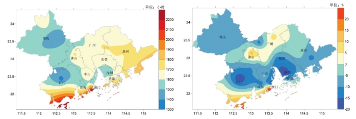 左圖為2024大灣區(qū)年日照時(shí)數(shù)分布（小時(shí)），右圖為2024大灣區(qū)年日照時(shí)數(shù)距平百分率分布（%）